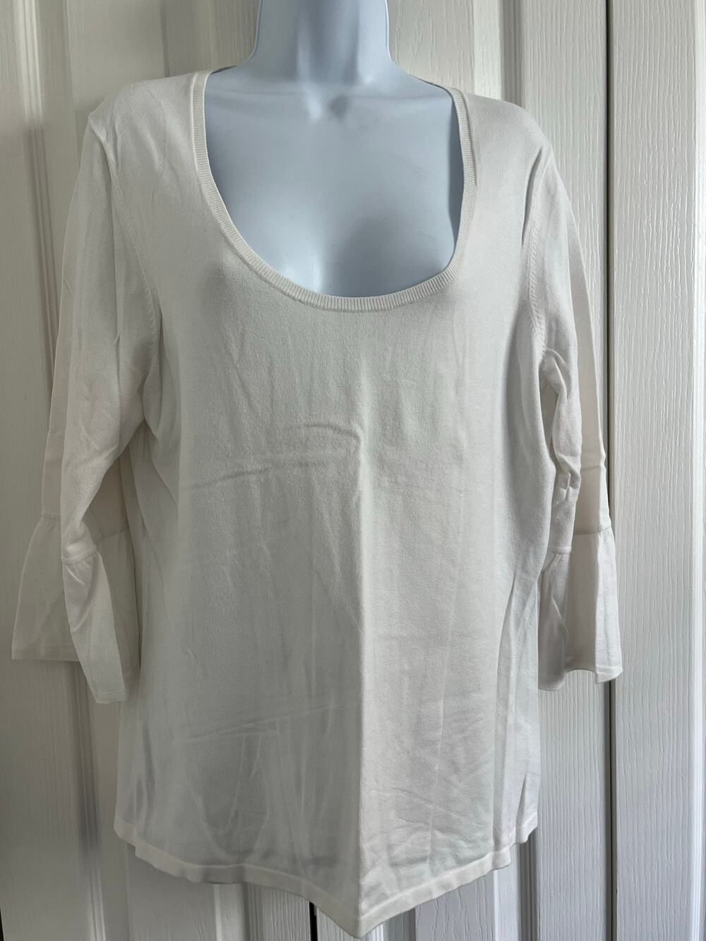 Ann Taylor XL White Fine Gauge Knit Sweater Bell Sleeve Scoop Neck Tunic Top